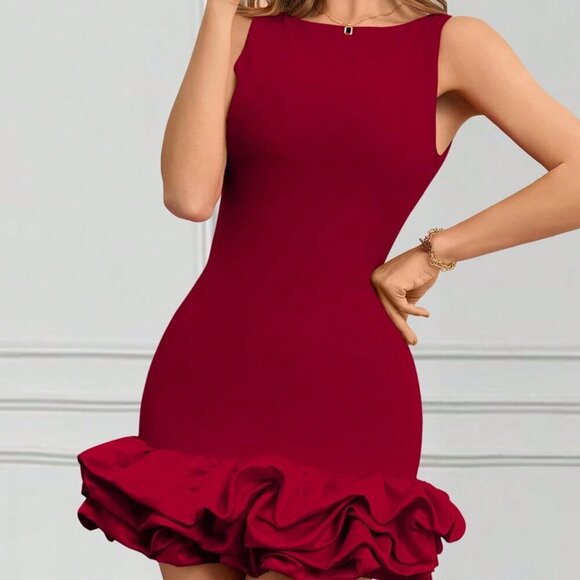 Burgundy Casual Women's Crew Neck Sleeveless Ruffled Hem Elegant Mini Dress